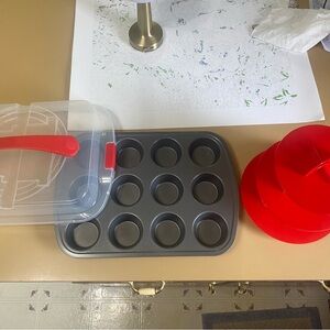 Red and Gray Bakeware Set with Plastic lid, Display Tower